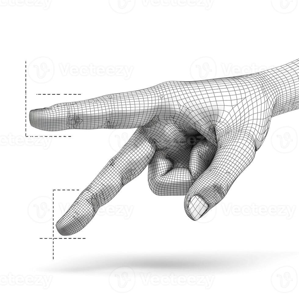 A monochrome wireframe hand gesture, showcasing an elegant pointing motion against a clean white background. photo