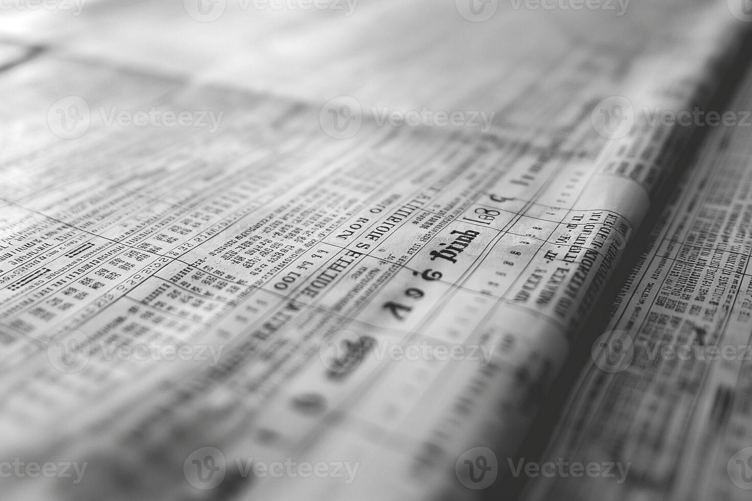 Close-up view of vintage newspaper with faded print and columns of information. photo