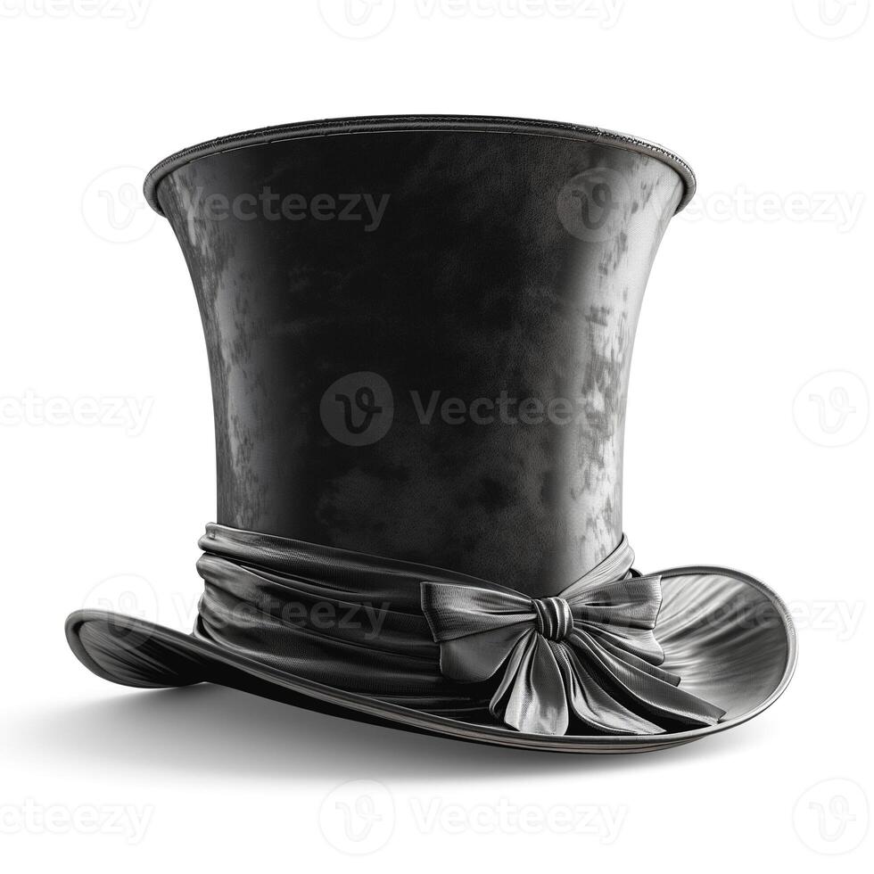 Elegant black top hat with a stylish ribbon, perfect for formal occasions or theatrical performances. photo