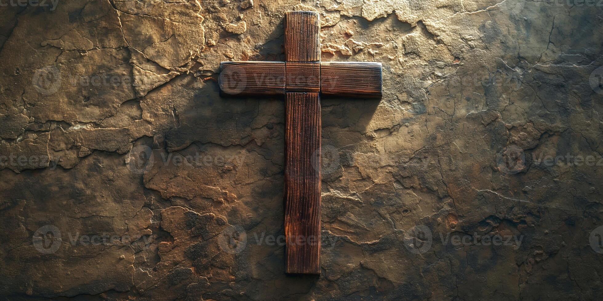 A rustic wooden cross against a textured stone background, symbolizing faith and spirituality. photo