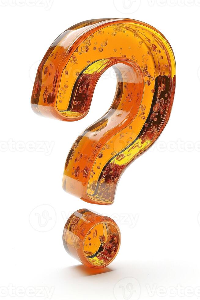 A large, translucent orange question mark made of resin, symbolizing curiosity and inquiry. photo
