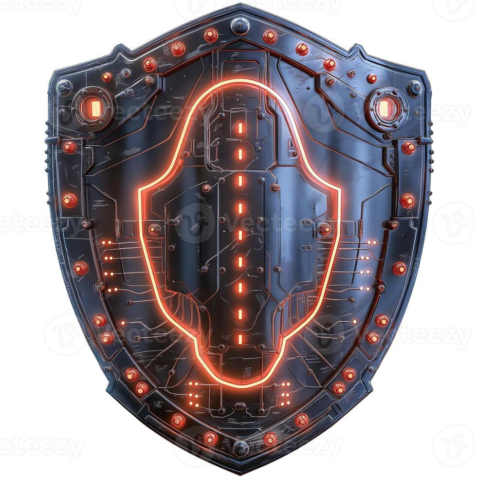 Futuristic black shield with glowing orange circuitry design, showcasing intricate details and a high-tech aesthetic. photo