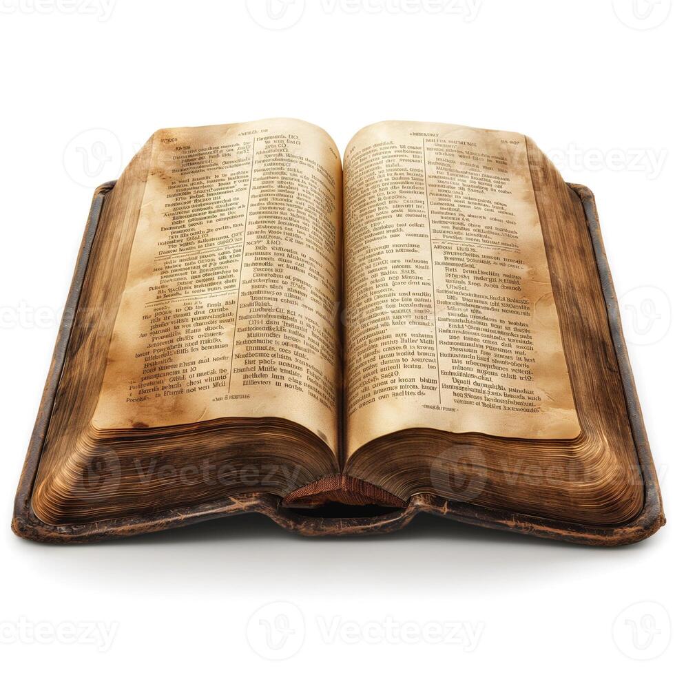 An aged, open book showcasing yellowed pages and a worn leather cover, exuding a sense of history and knowledge. photo