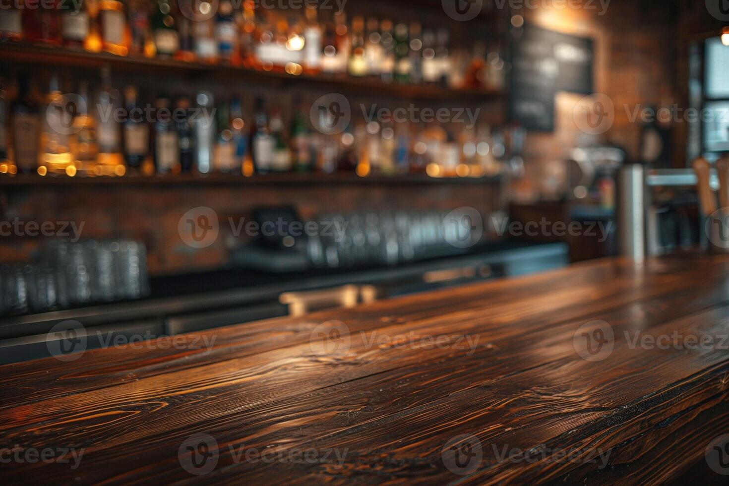 A warm and inviting wooden bar top with blurred bottles in the background, creating a cozy atmosphere. photo