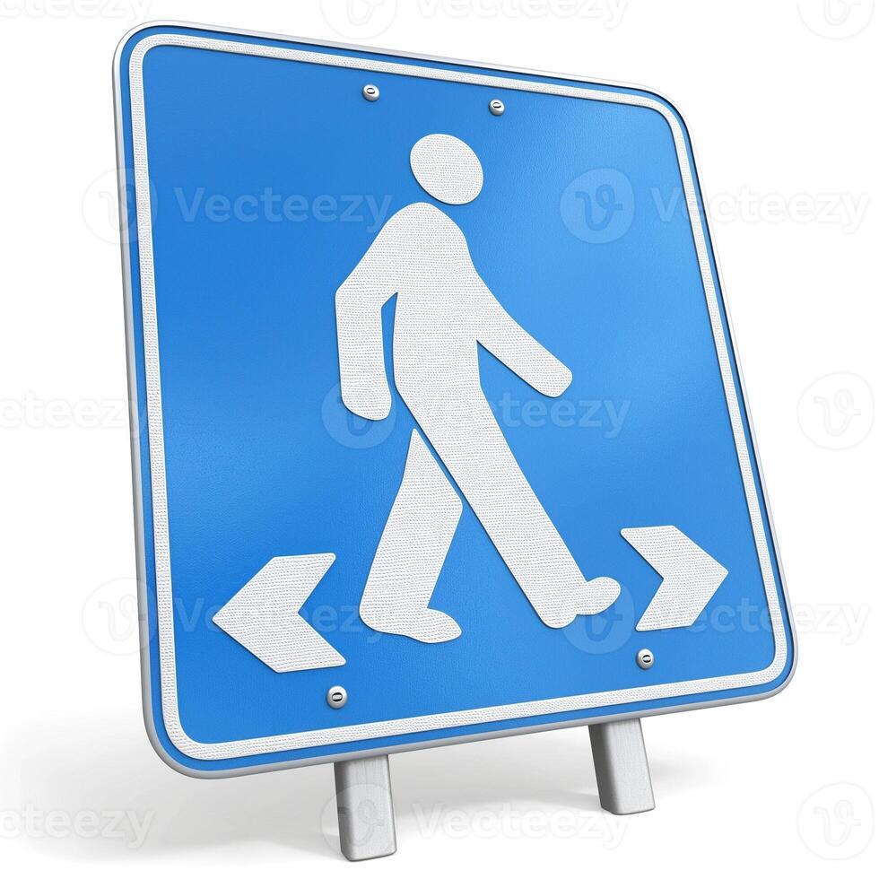 Blue pedestrian sign indicating a nearby crosswalk, featuring a walking figure. photo