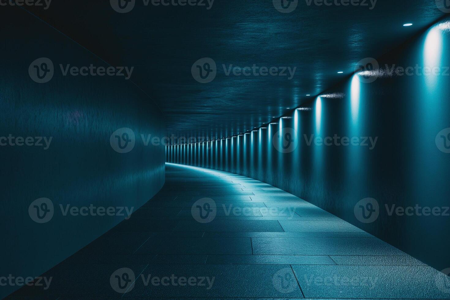 A serene corridor illuminated by soft blue lights, creating a futuristic and calming atmosphere. photo