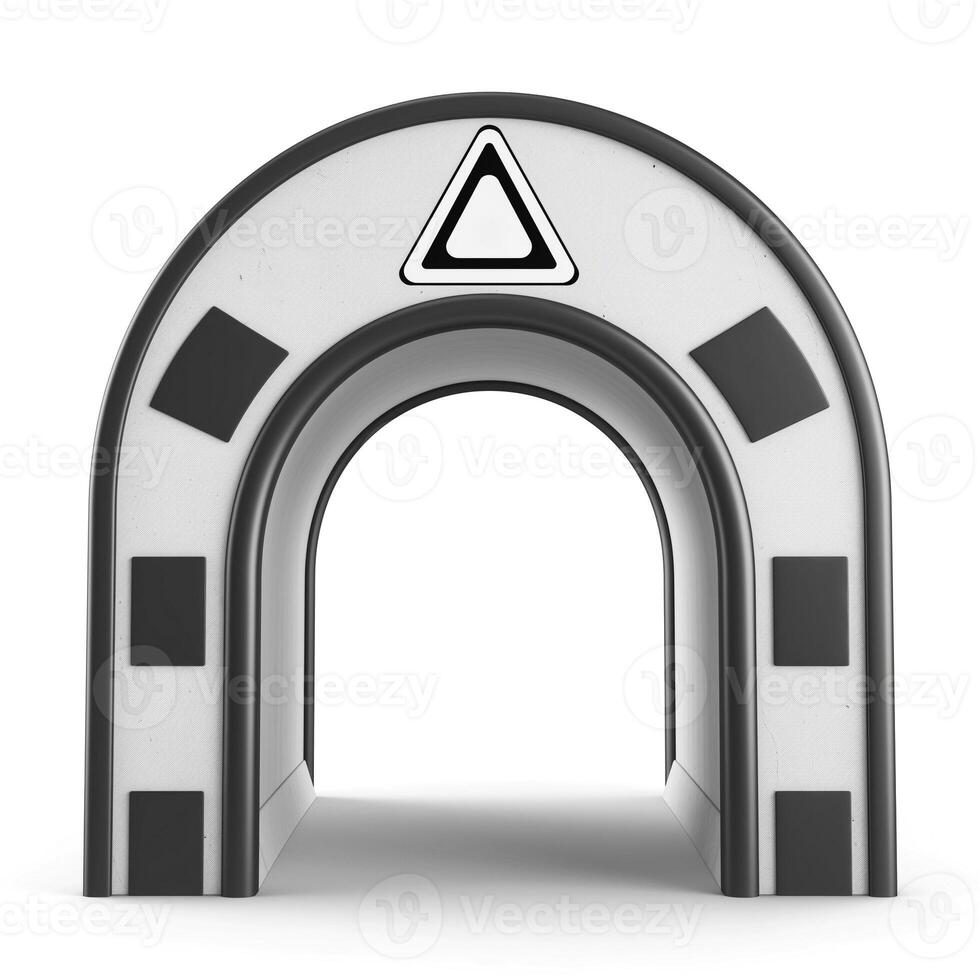 A 3D illustration of a white and black tunnel with a triangular warning sign at the top, symbolizing caution and safety. photo