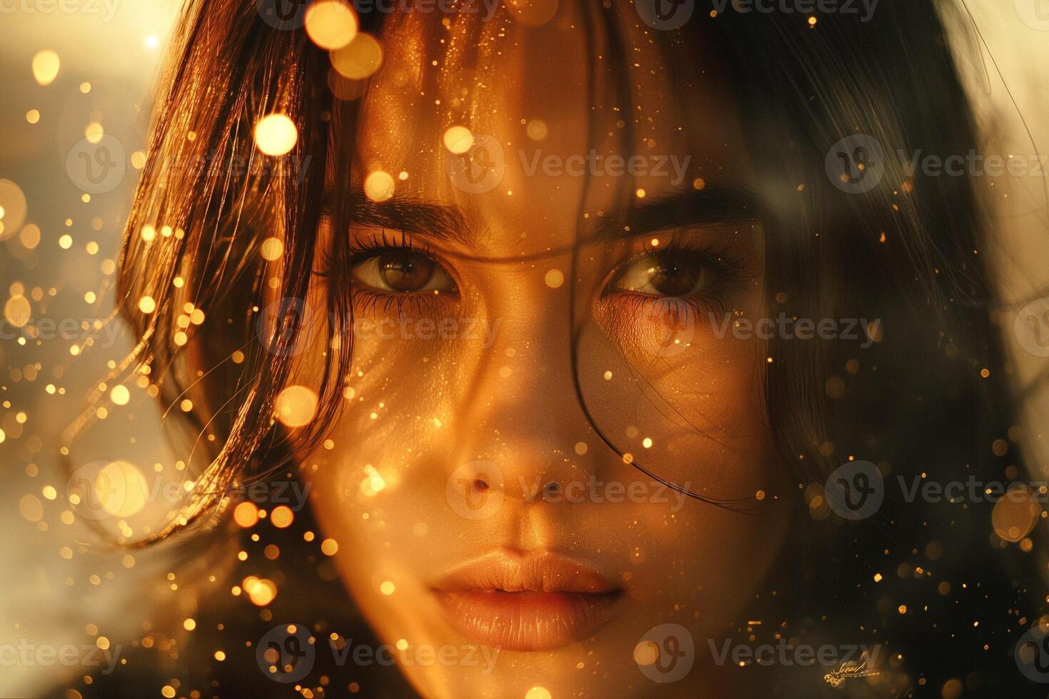 A close-up portrait of a young woman of Asian descent, illuminated by sparkling golden lights, evoking a dreamy atmosphere. photo
