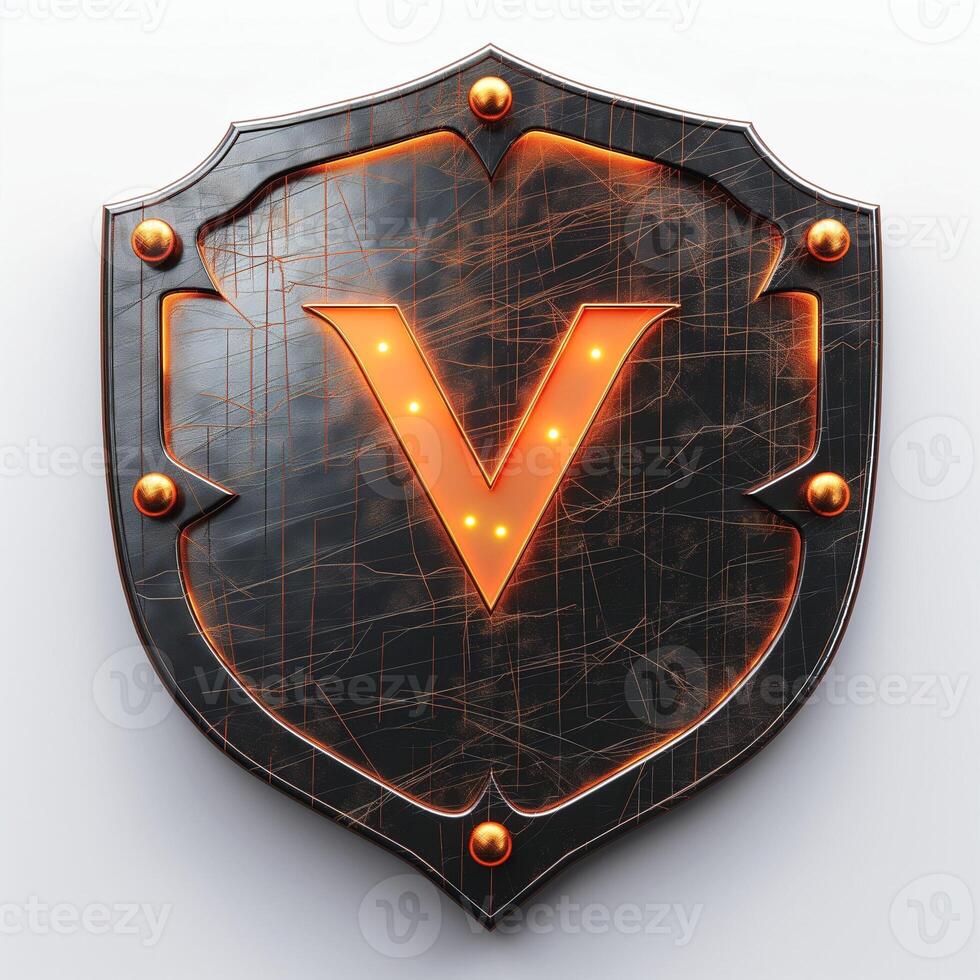 A stylish shield emblem featuring a prominent illuminated letter 'V', combining a modern and classic design aesthetic. photo