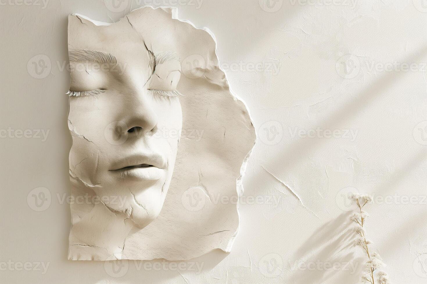 A serene and artistic representation of a woman's face, textured in plaster, bringing elegance and tranquility to the minimalist decor. photo