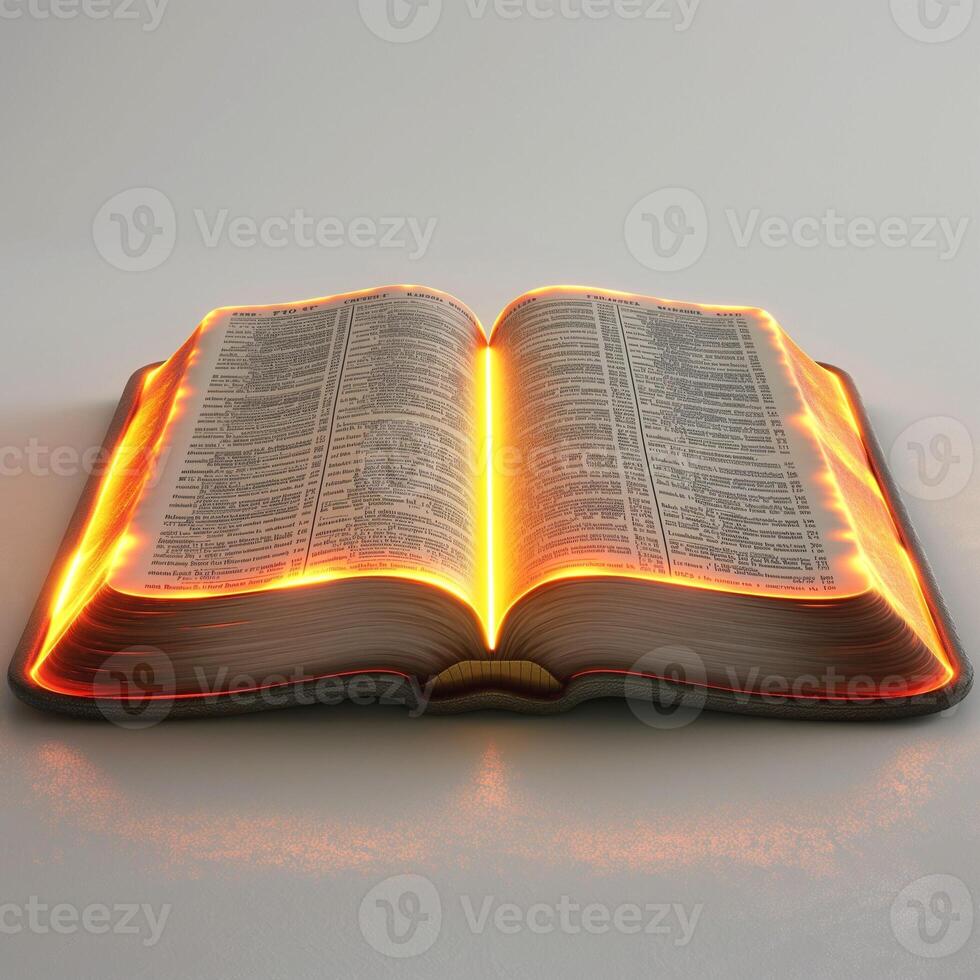 An open book illuminated with warm, glowing edges, creating a mystical and inviting atmosphere. photo