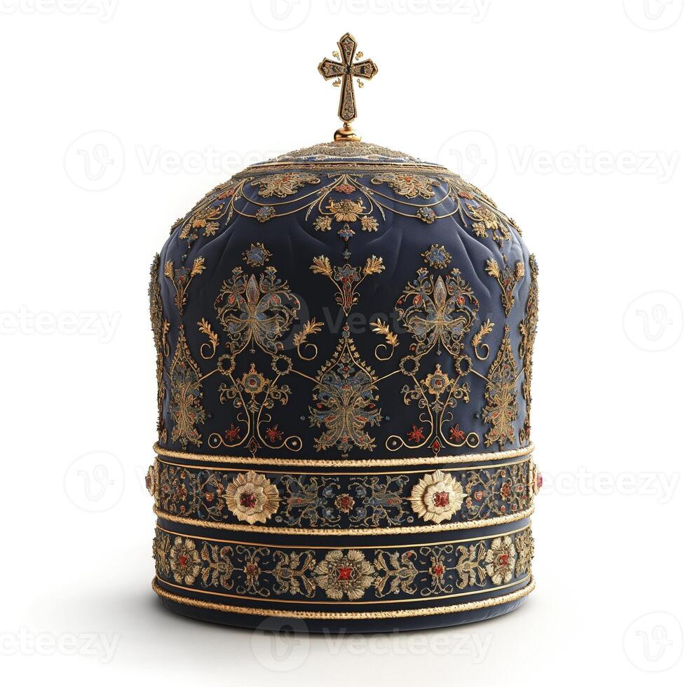 A beautifully ornate royal crown featuring intricate gold embroidery and a decorative cross on top. photo