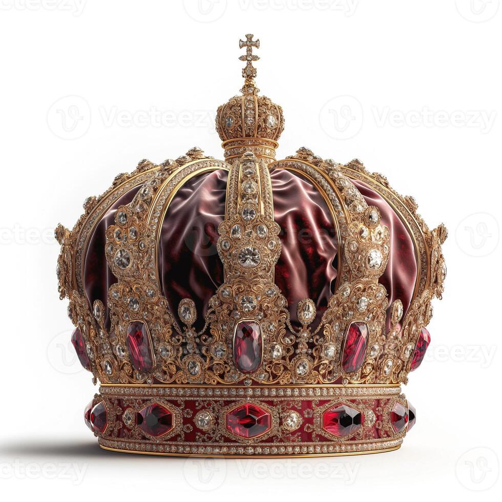 A luxurious golden crown adorned with red and clear gemstones, showcasing opulence and royal elegance. photo