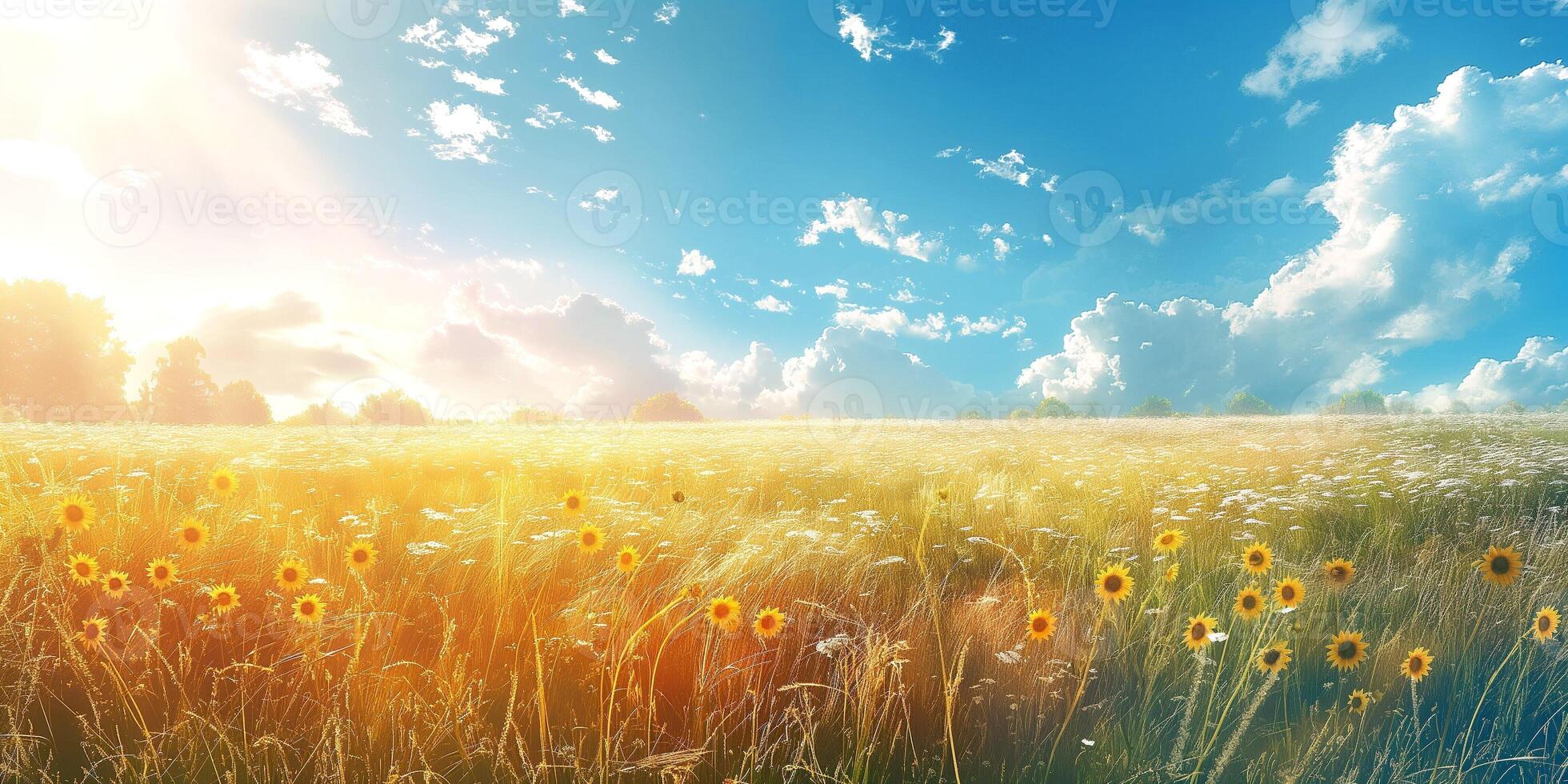 A vibrant field of sunflowers under a bright blue sky, bathed in warm sunlight, creating a serene summer atmosphere. photo
