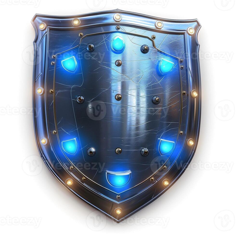 A detailed metallic shield adorned with glowing blue lights and shiny rivets, embodying a futuristic design. photo