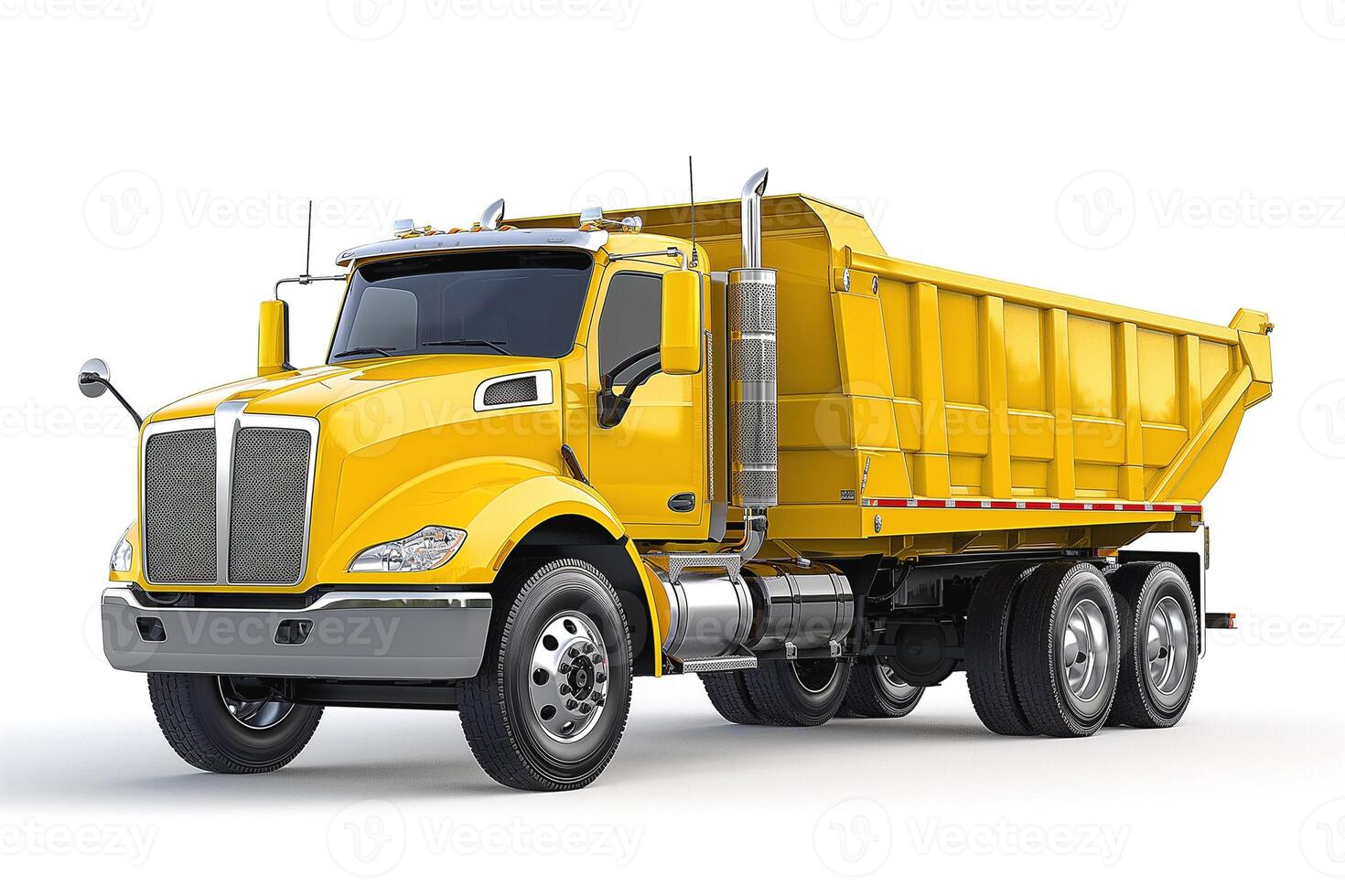 A sturdy yellow dump truck ready for construction tasks, showcasing its powerful build and large hauling capacity. photo