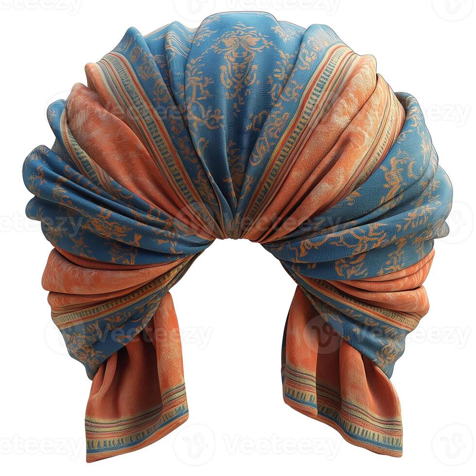 Elegant silk headscarf featuring a blue and orange floral design, perfect for chic summer styling. photo