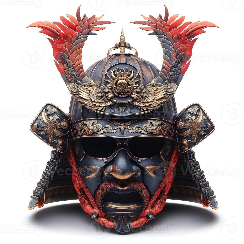 A striking samurai helmet showcasing intricate artistry with red and gold accents, demonstrating traditional craftsmanship. photo