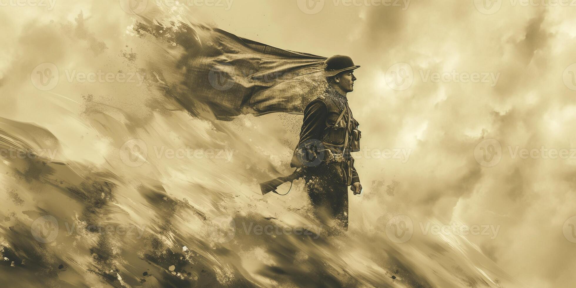 A male soldier stands valiantly against a dramatic backdrop, embodying bravery and resilience. photo