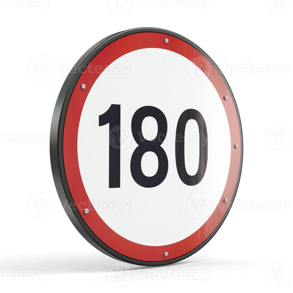A circular road sign indicating a speed limit of 180, featuring a bold black number against a white background. photo