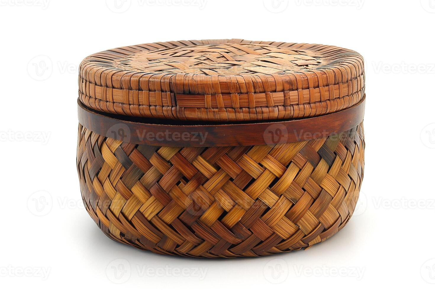 A beautifully woven round bamboo basket featuring a unique lid and intricate patterns. photo