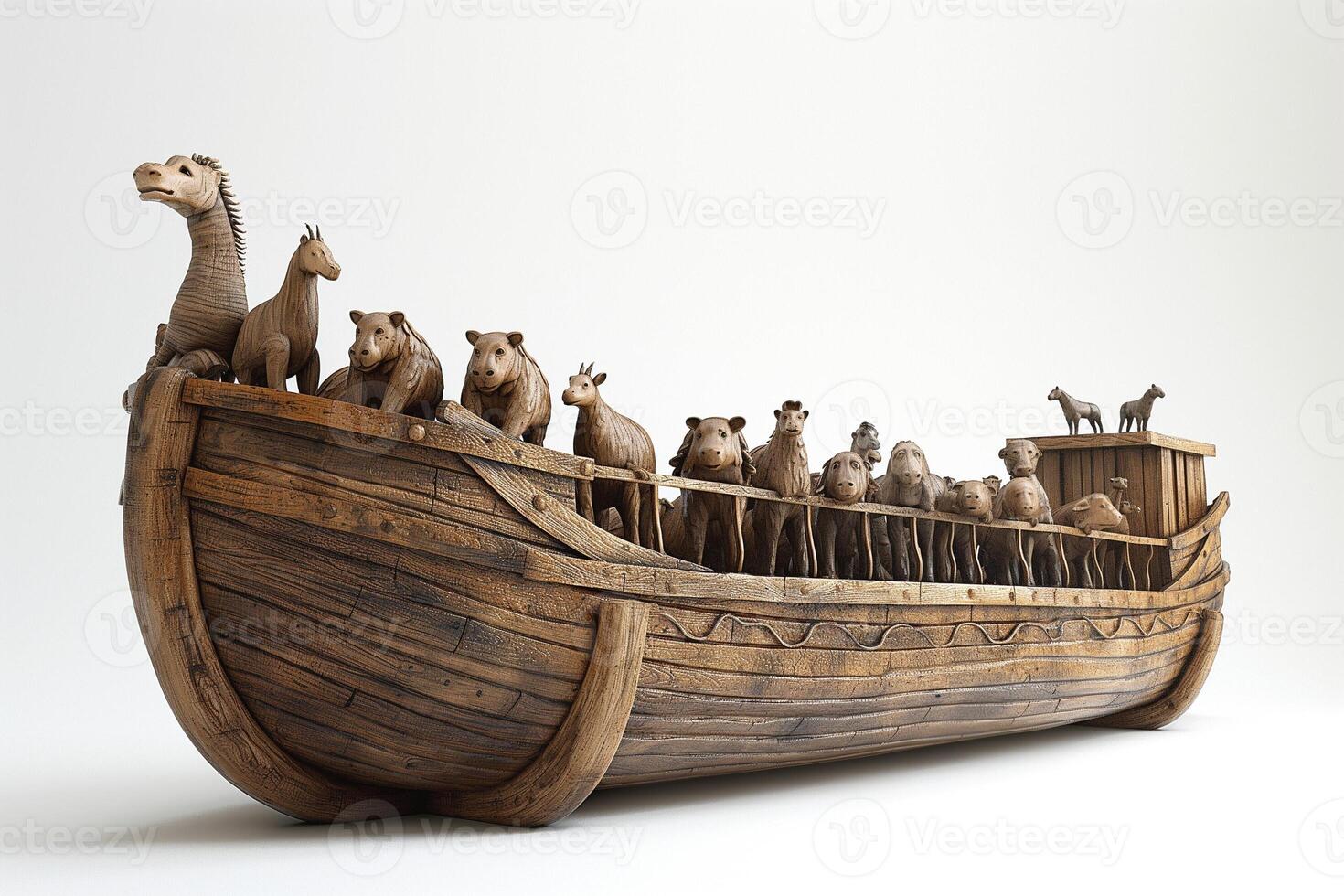 A detailed wooden model of a ship filled with various animals, showcasing craftsmanship and creativity. photo