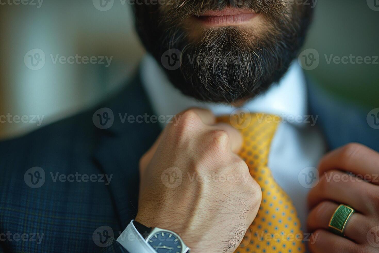 A close-up of a bearded man adjusting his yellow tie, showcasing a smart, professional look with a classic watch. photo
