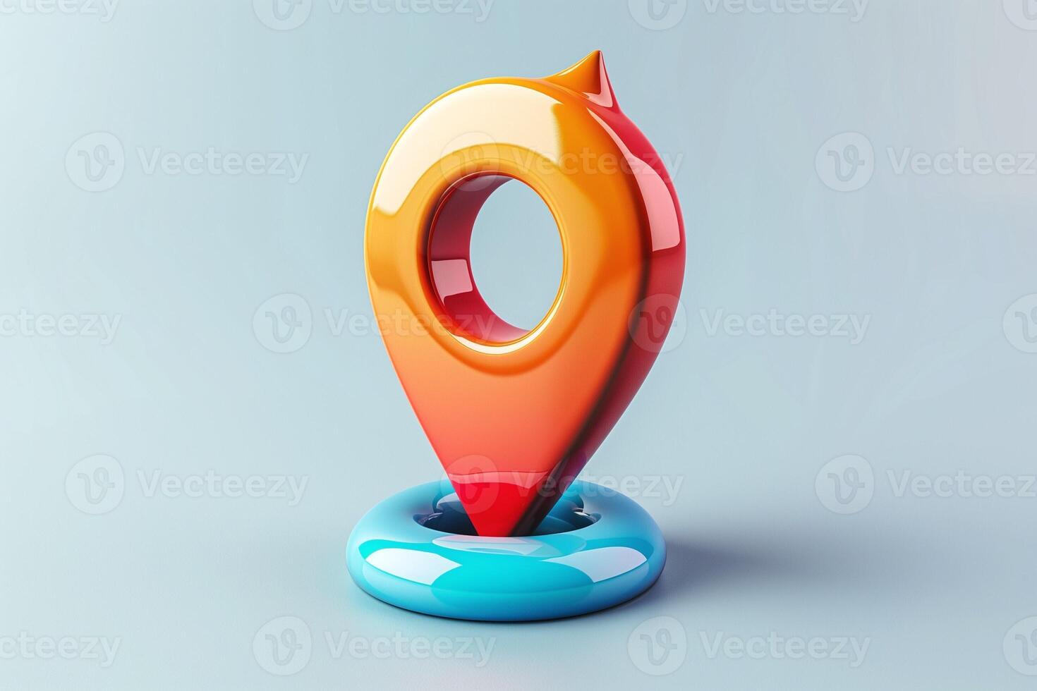A vibrant, glossy location pin in shades of red and orange, resting on a shiny blue base against a light backdrop. photo