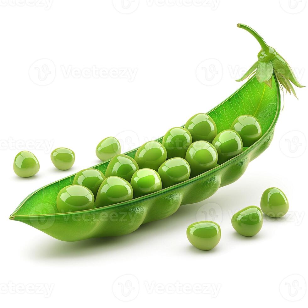 Fresh green pea pod with vibrant peas, showcasing a natural harvest's bounty. photo