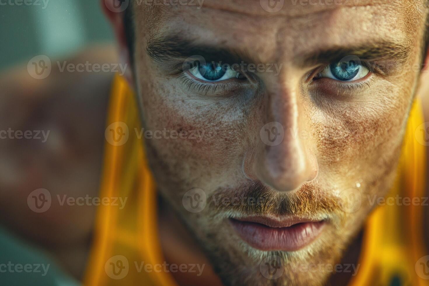 Close-up of a determined Caucasian male athlete with striking blue eyes, showcasing intense focus and grit in his expression. photo
