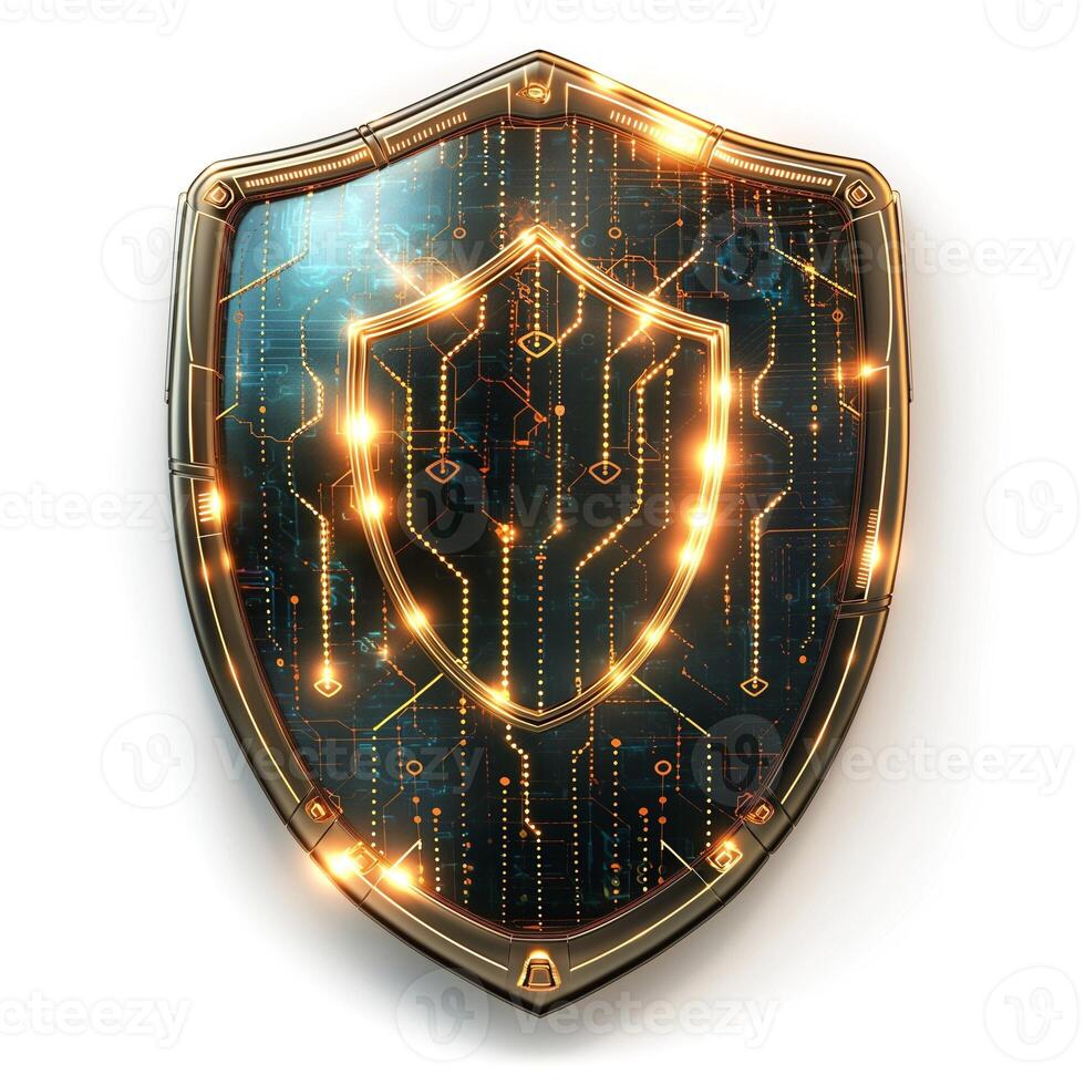 A futuristic shield design featuring a circuit board pattern and glowing golden accents, symbolizing security and protection. photo