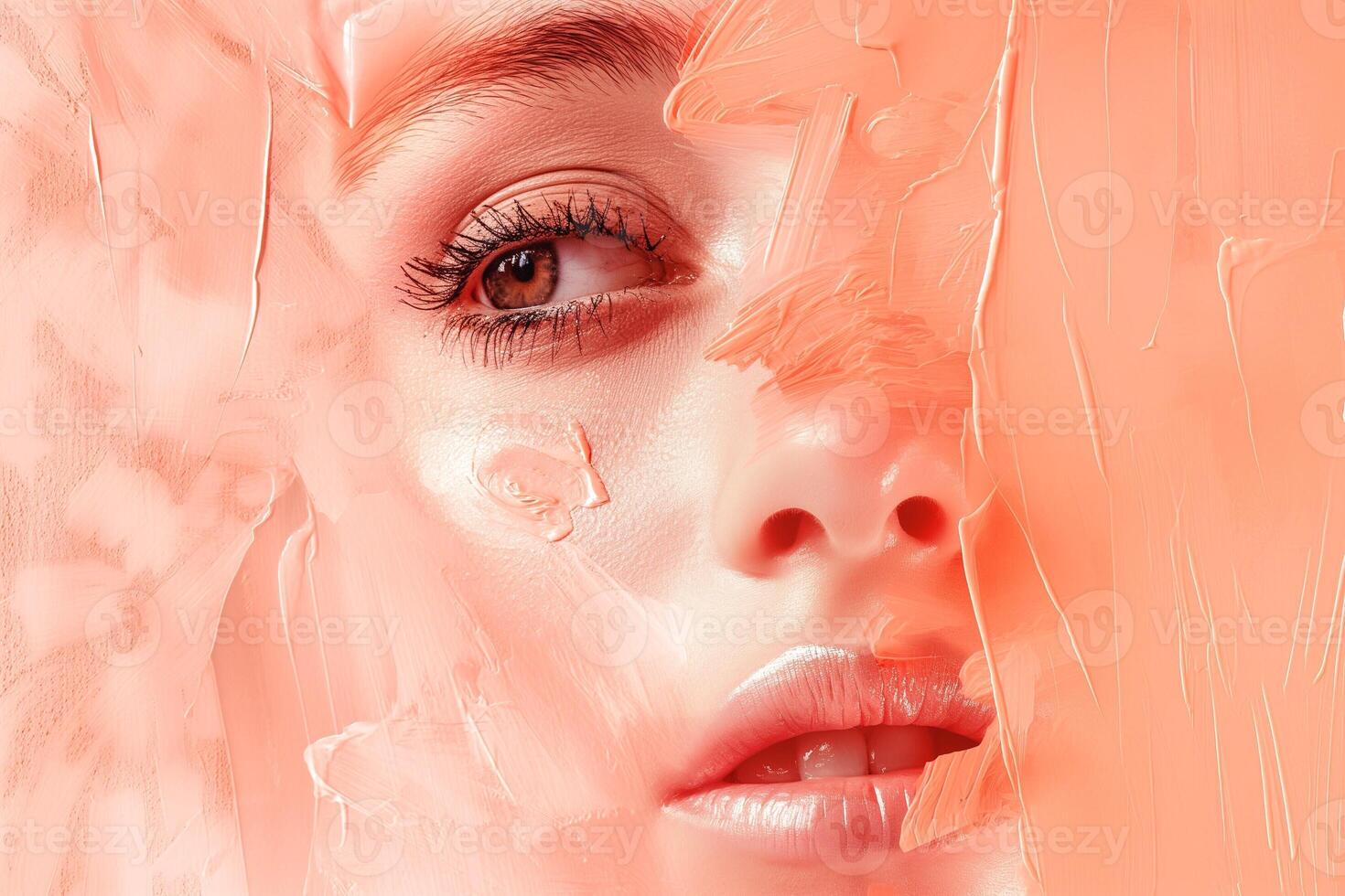 A close-up of a young Caucasian woman's face, partially obscured by a layer of peach-colored paint, evoking a stunning and artistic vibe. photo