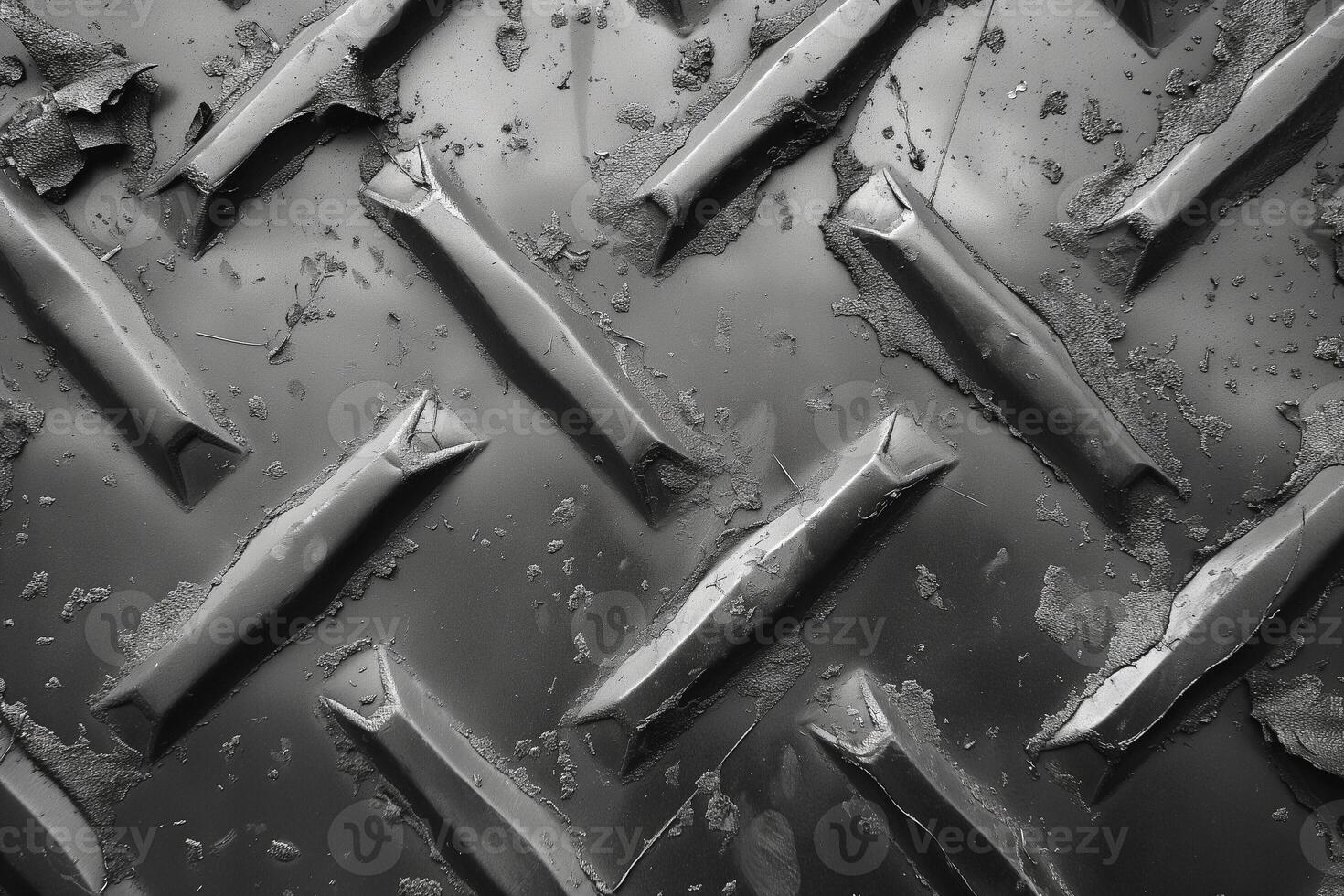 Close-up of a textured metal surface with a diamond pattern, showcasing wear and scratches. photo