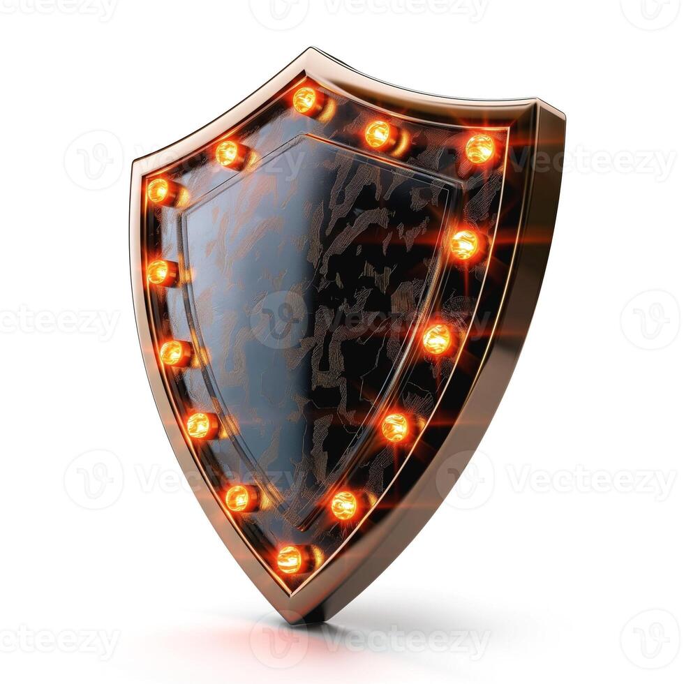 Stylish shield emblem with glowing lights, perfect for conveying security and strength. photo