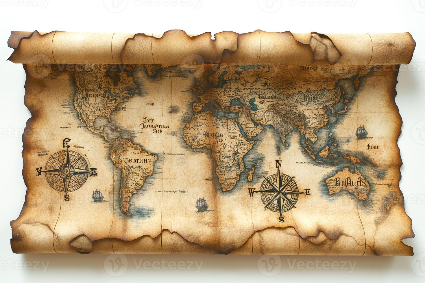 An antique world map with a weathered look, featuring compass roses and aged parchment details. photo