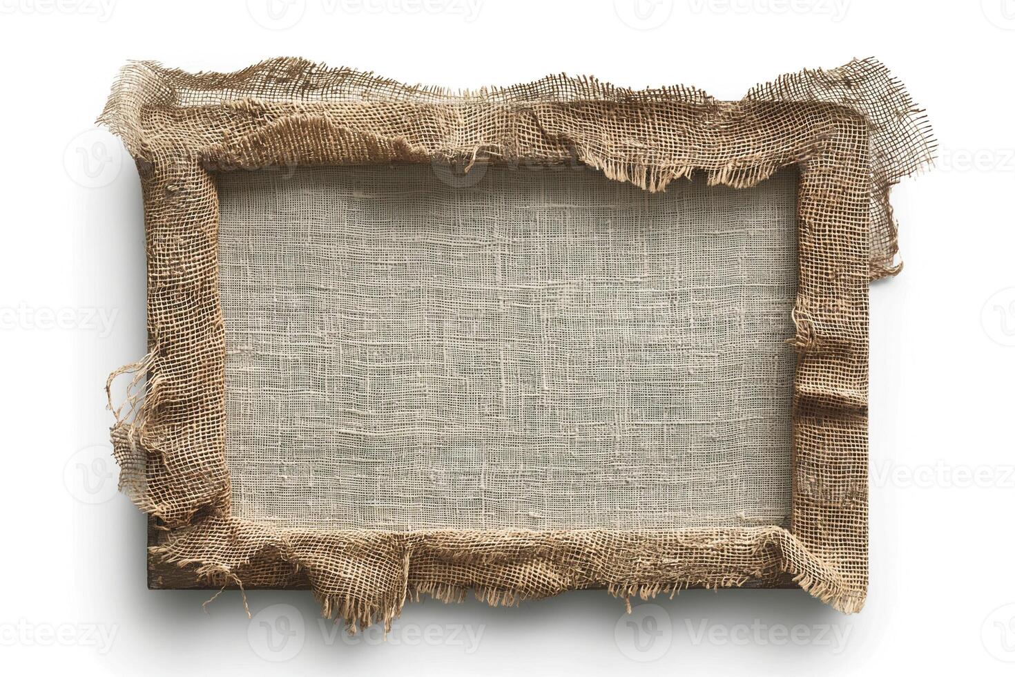 An aged, rustic canvas frame with frayed burlap edges, ideal for showcasing art or photography. photo