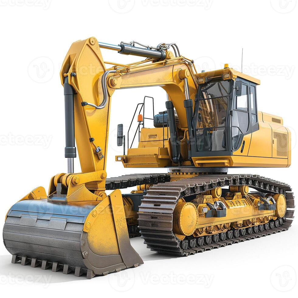 A vibrant yellow excavator ready for construction work, showcasing its robust design and functionality. photo