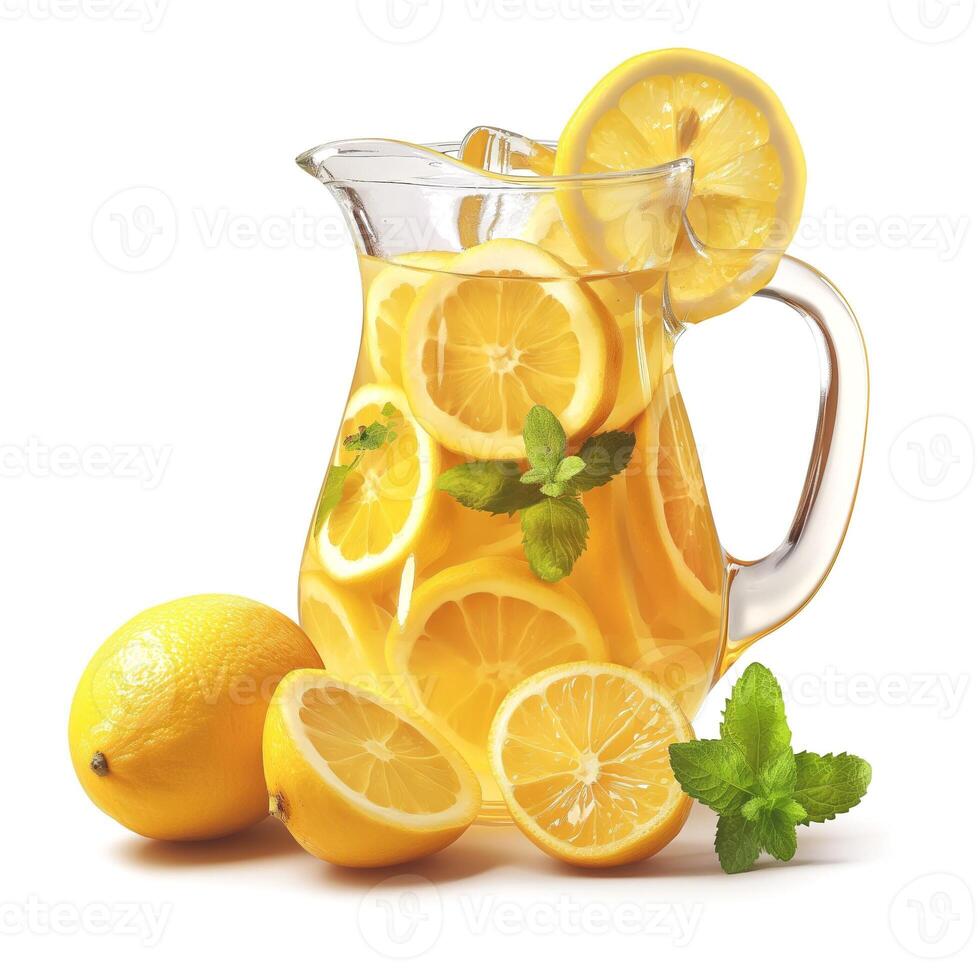 A refreshing pitcher of lemonade adorned with fresh lemon slices and mint leaves, perfect for a summer day. photo