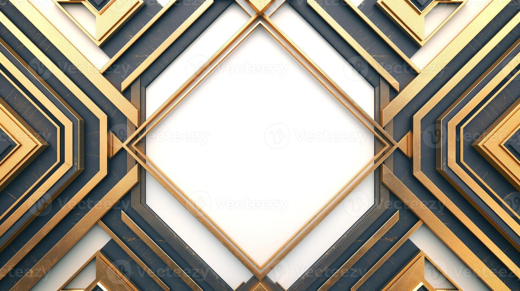 Abstract geometric background featuring gold and dark blue layers with a central empty diamond space. photo