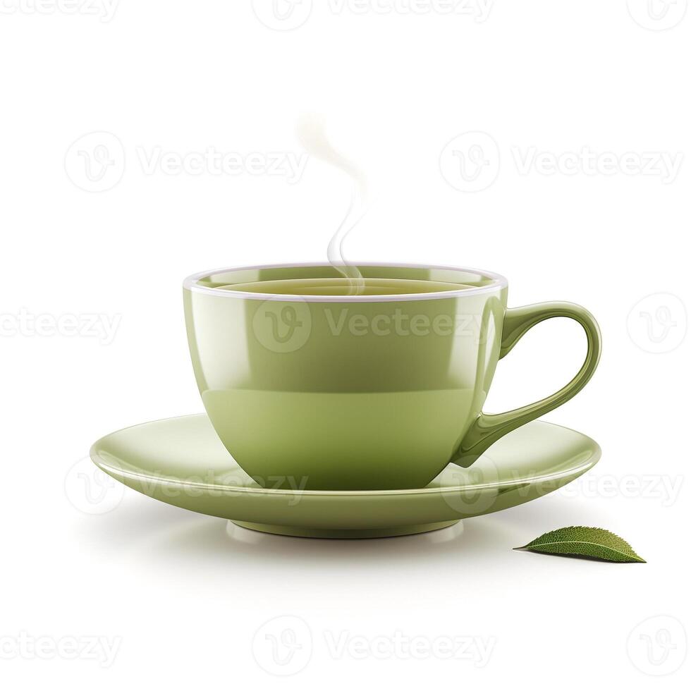 A serene green tea cup with a gentle steam rising, set on a matching saucer, evoking tranquility and warmth. photo