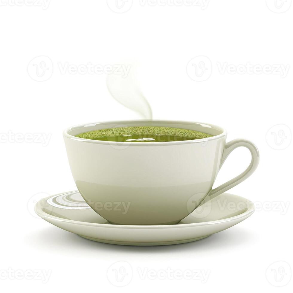 A steaming cup of green tea sits elegantly on a saucer, inviting and refreshing. photo