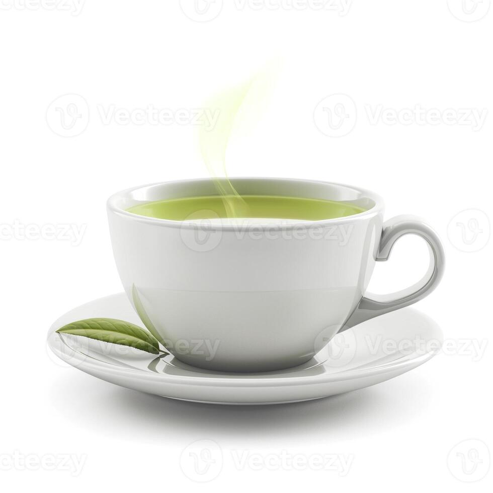A steaming cup of green tea with a delicate leaf on a white saucer, exuding freshness and tranquility. photo