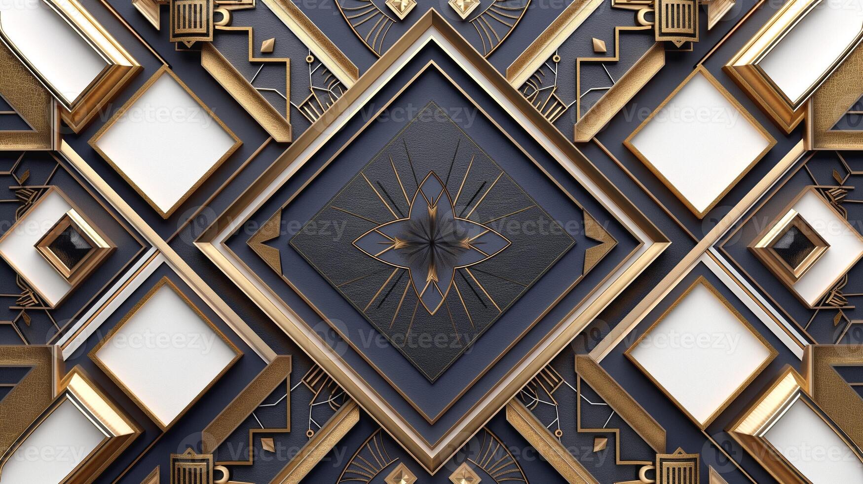 Intricate geometric design featuring layered textures in gold, black, and white tones, creating a modern, artistic composition. photo