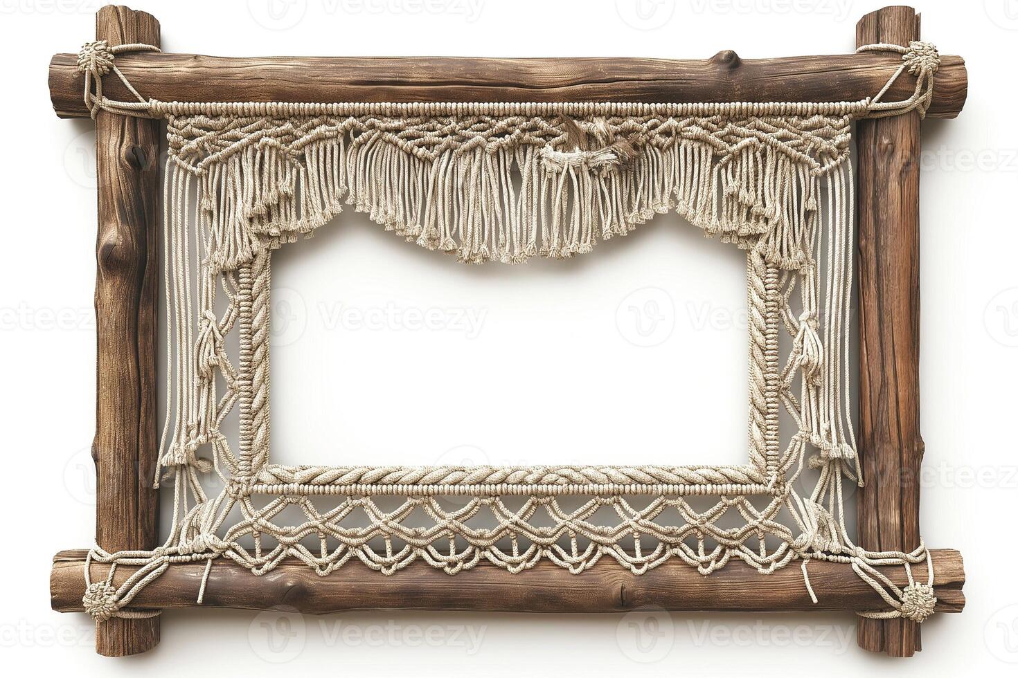 A beautiful macrame wall frame crafted from natural fibers, exuding a bohemian style. photo