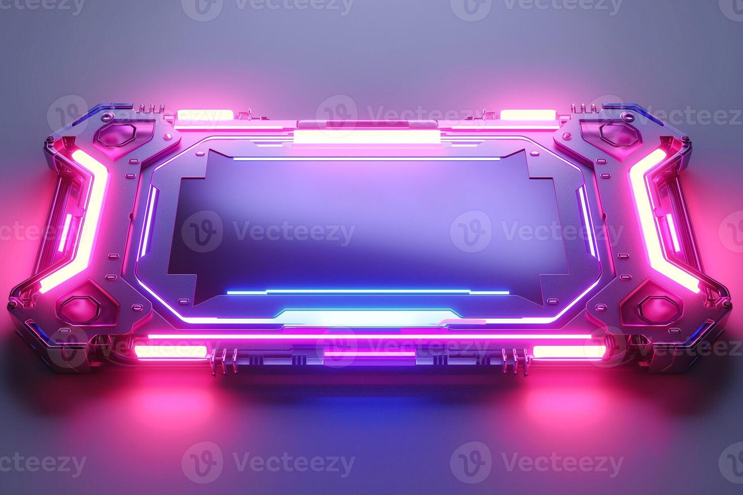 Futuristic technology design with glowing blue and pink neon lights on a sleek metallic surface. photo