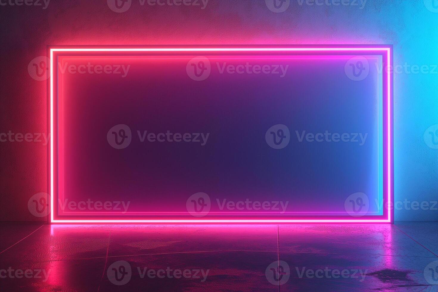 A vibrant neon frame with a gradient of pink and blue light against a textured wall, creating a modern, futuristic setting. photo