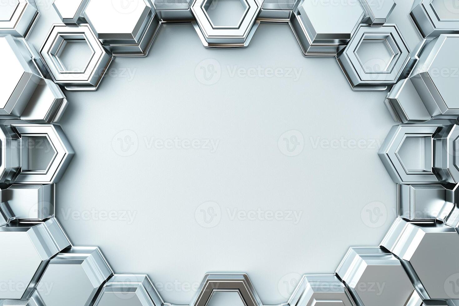 Abstract metallic hexagonal frame design on a smooth light background. photo