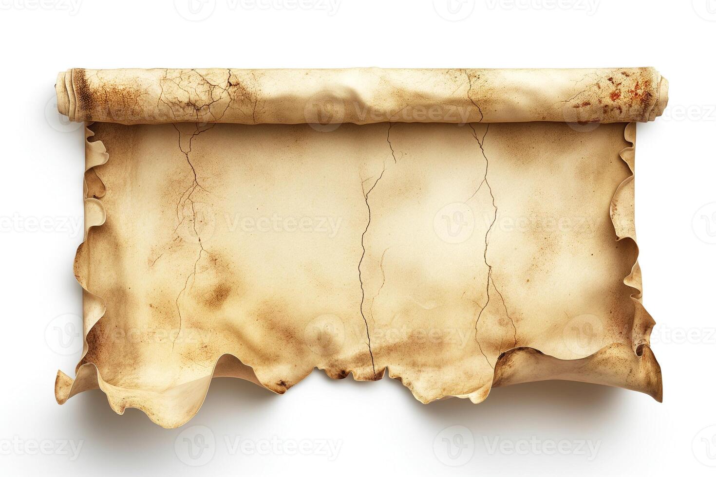 An aged, rolled parchment with a weathered appearance, featuring cracks and a rustic texture. photo