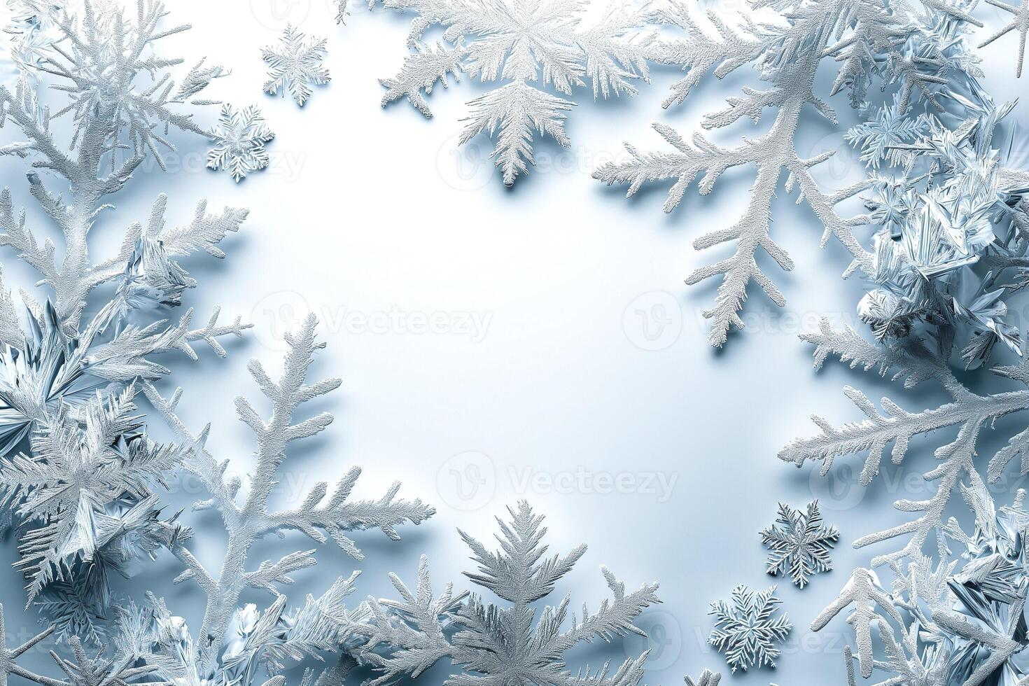 A beautiful arrangement of delicate snowflakes and frosty leaves creates a serene winter frame. photo