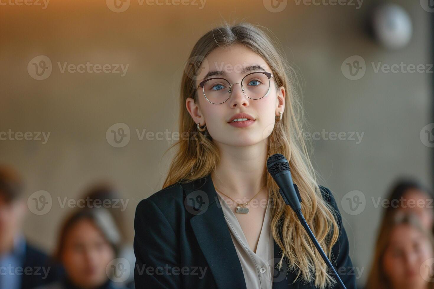 Young Caucasian female student delivering a speech at a conference, showcasing confidence and poise. photo